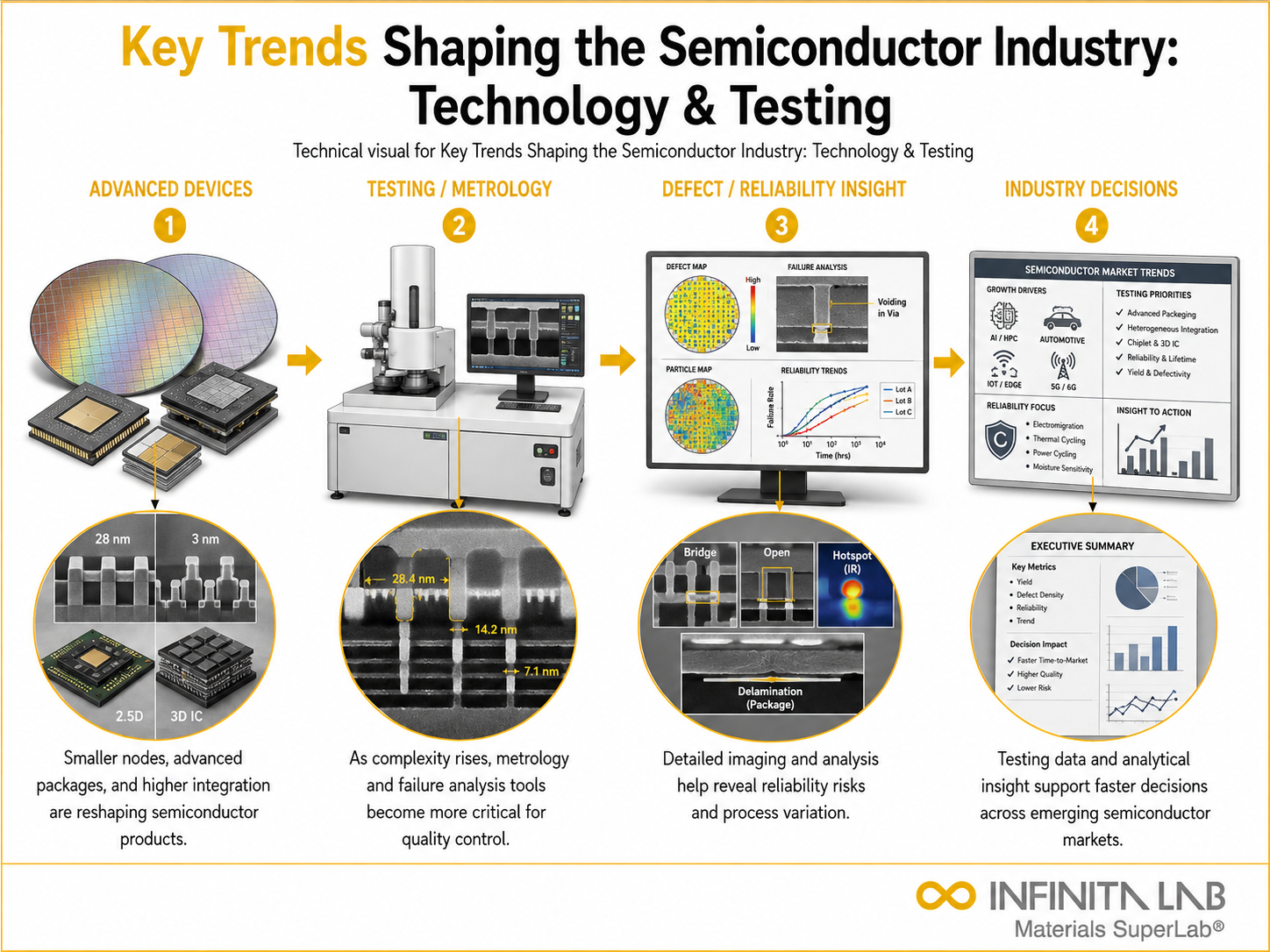 Infinita Engineering Visual showing Semiconductor Device Failure microscopy / imaging workflow for semiconductor device failure analysis.