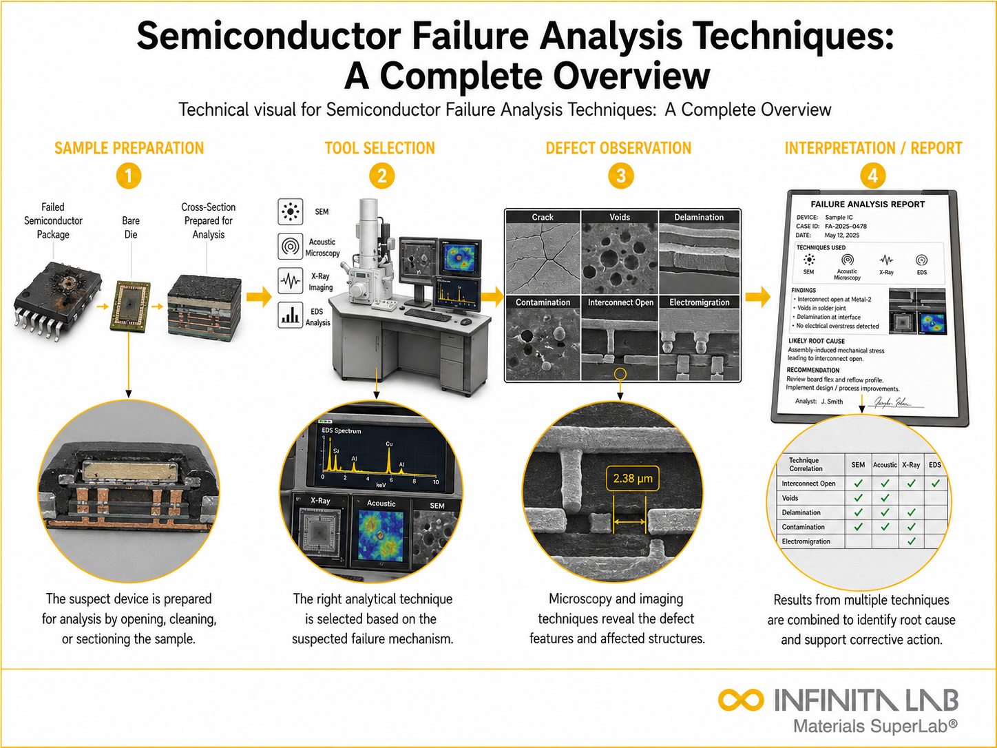 Infinita Engineering Visual showing Semiconductor Failure Analysis microscopy / imaging workflow for semiconductor failure analysis: finding one-in-a-billion defects.