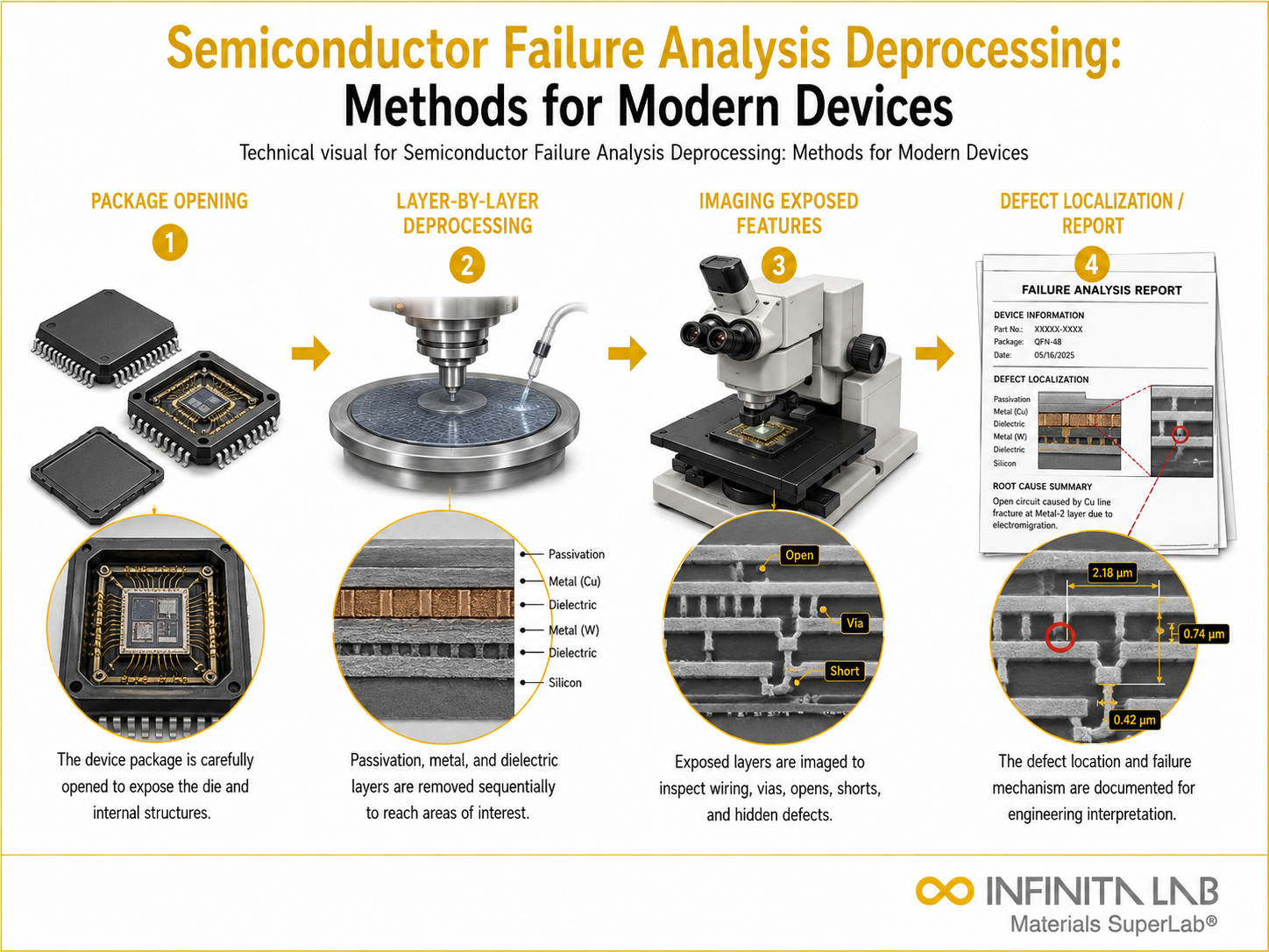 Infinita Engineering Visual showing Semiconductor Failure Analysis microscopy / imaging workflow for semiconductor failure analysis techniques: a complete overview.