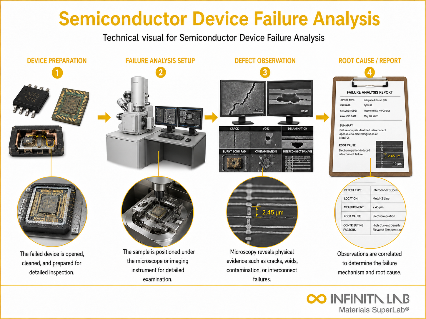 Infinita Engineering Visual showing Semiconductor Failure Analysis microscopy / imaging workflow for semiconductor failure analysis techniques & standards: reference guide.