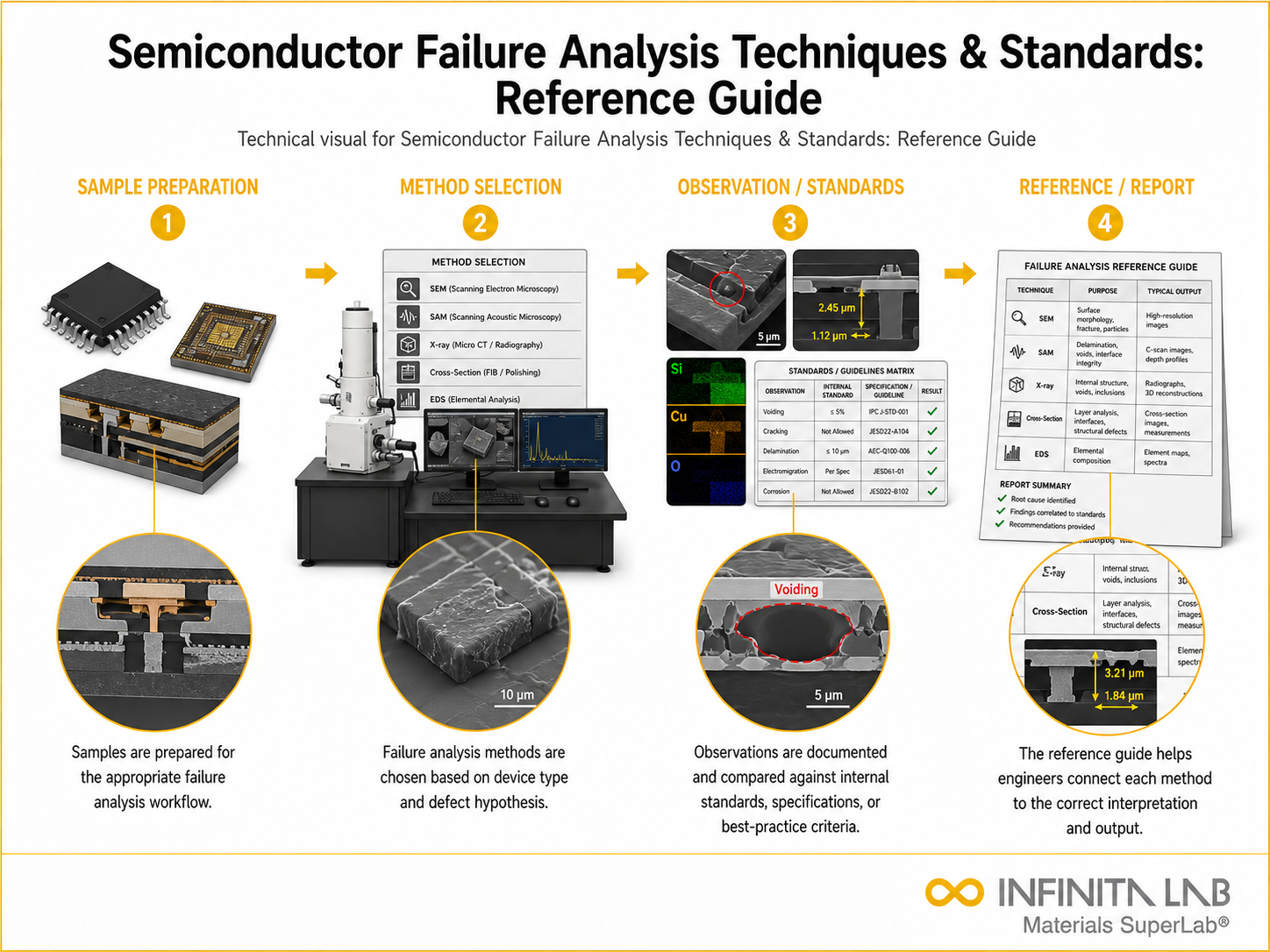Infinita Engineering Visual showing Semiconductor Support Services microscopy / imaging workflow for semiconductor support services: applying failure analysis expertise.