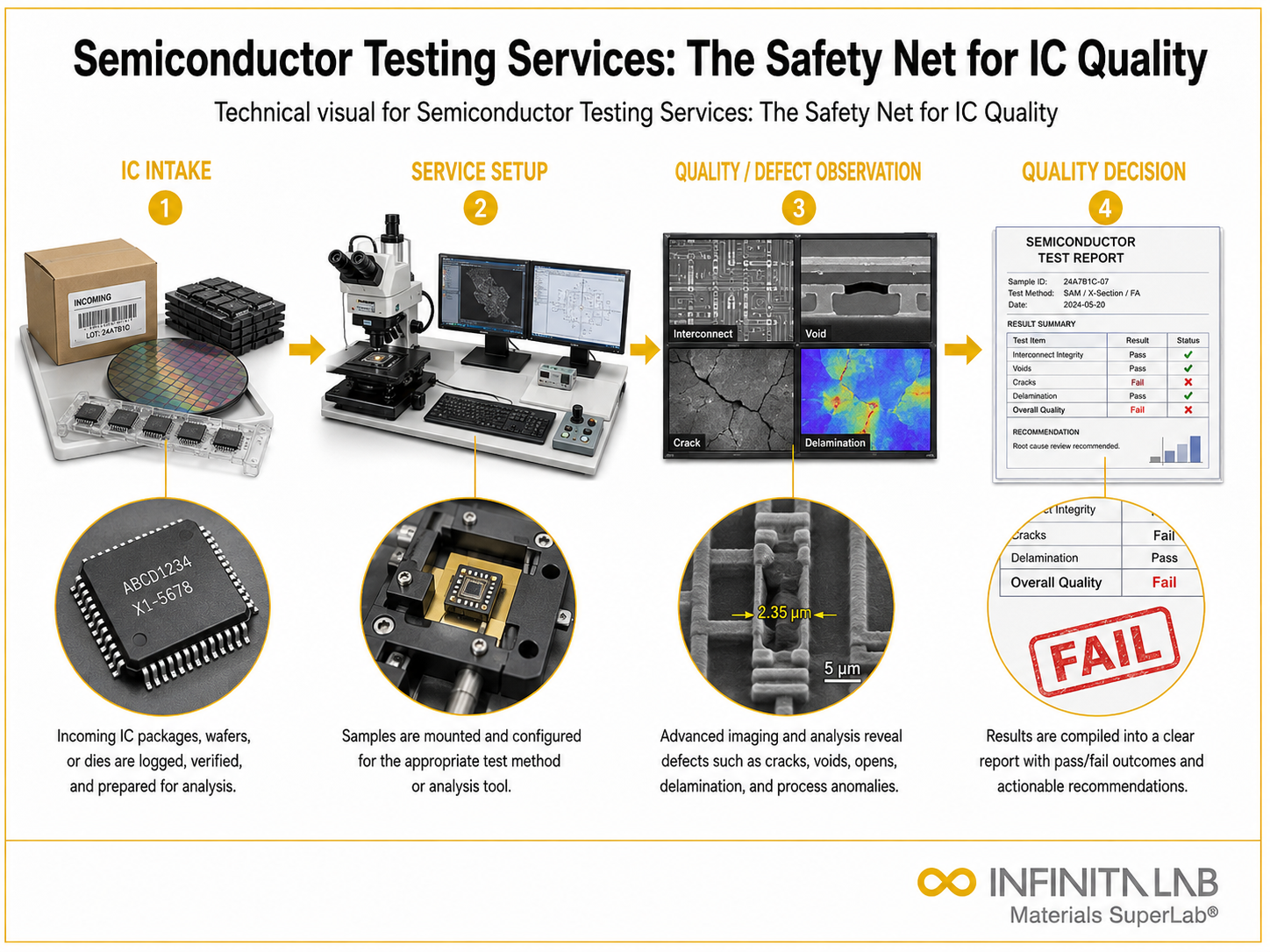 Infinita Engineering Visual showing Semiconductor Testing Services microscopy / imaging workflow for semiconductor testing services: the safety net for ic quality.