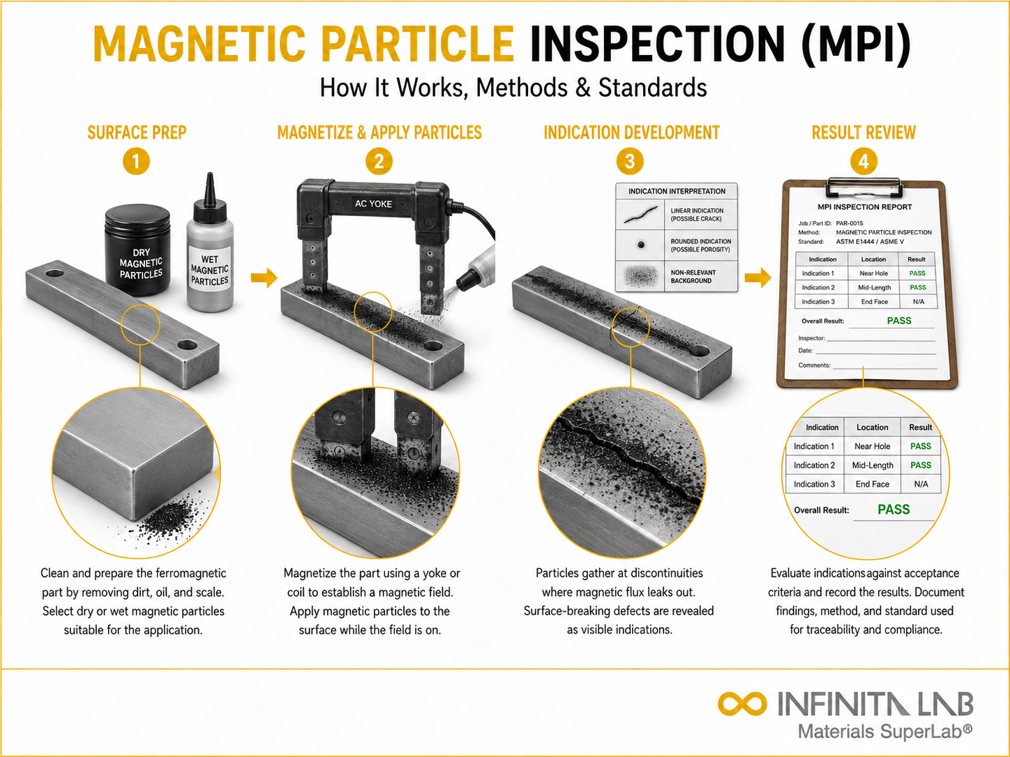 Infinita Engineering Visual showing Magnetic Particle Inspection particle / powder / sieve / physical characterization workflow for magnetic particle inspection (mpi): how it works, methods & standards.