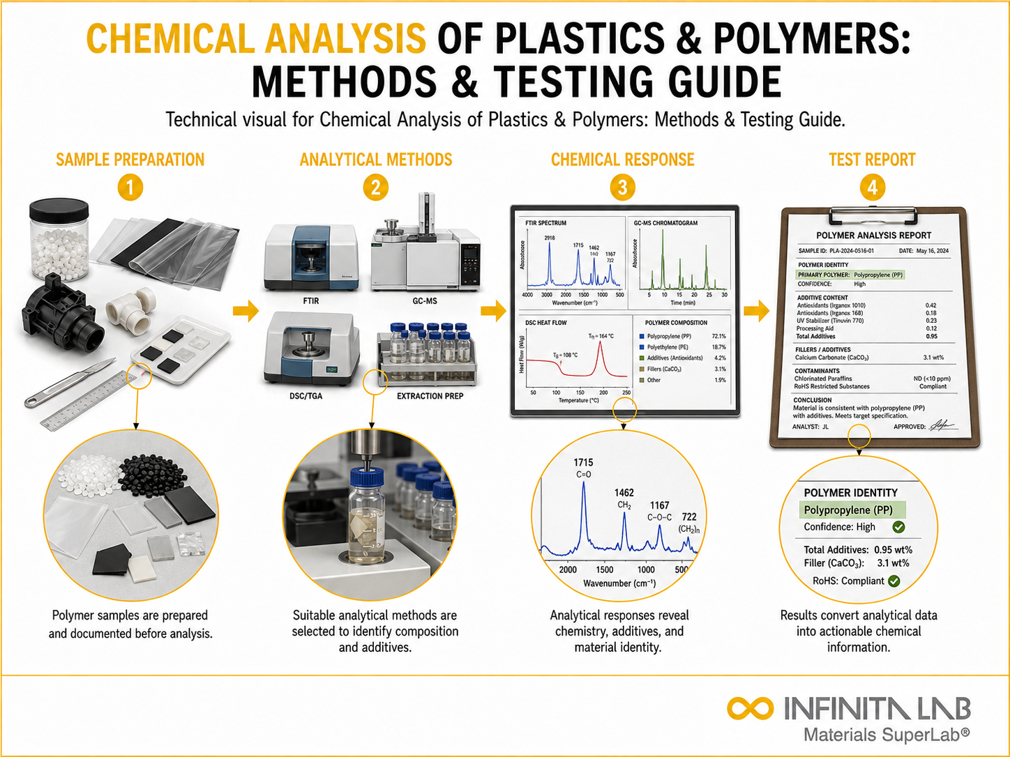 Infinita Engineering Visual showing Chemical Analysis Of polymer / plastics material properties workflow for chemical analysis of plastics & polymers: methods & testing guide.