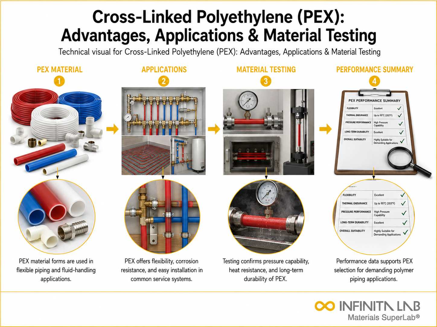 Infinita Engineering Visual showing Cross Linked Polyethylene polymer / plastics material properties workflow for cross-linked polyethylene (pex): advantages, applications & material testing.