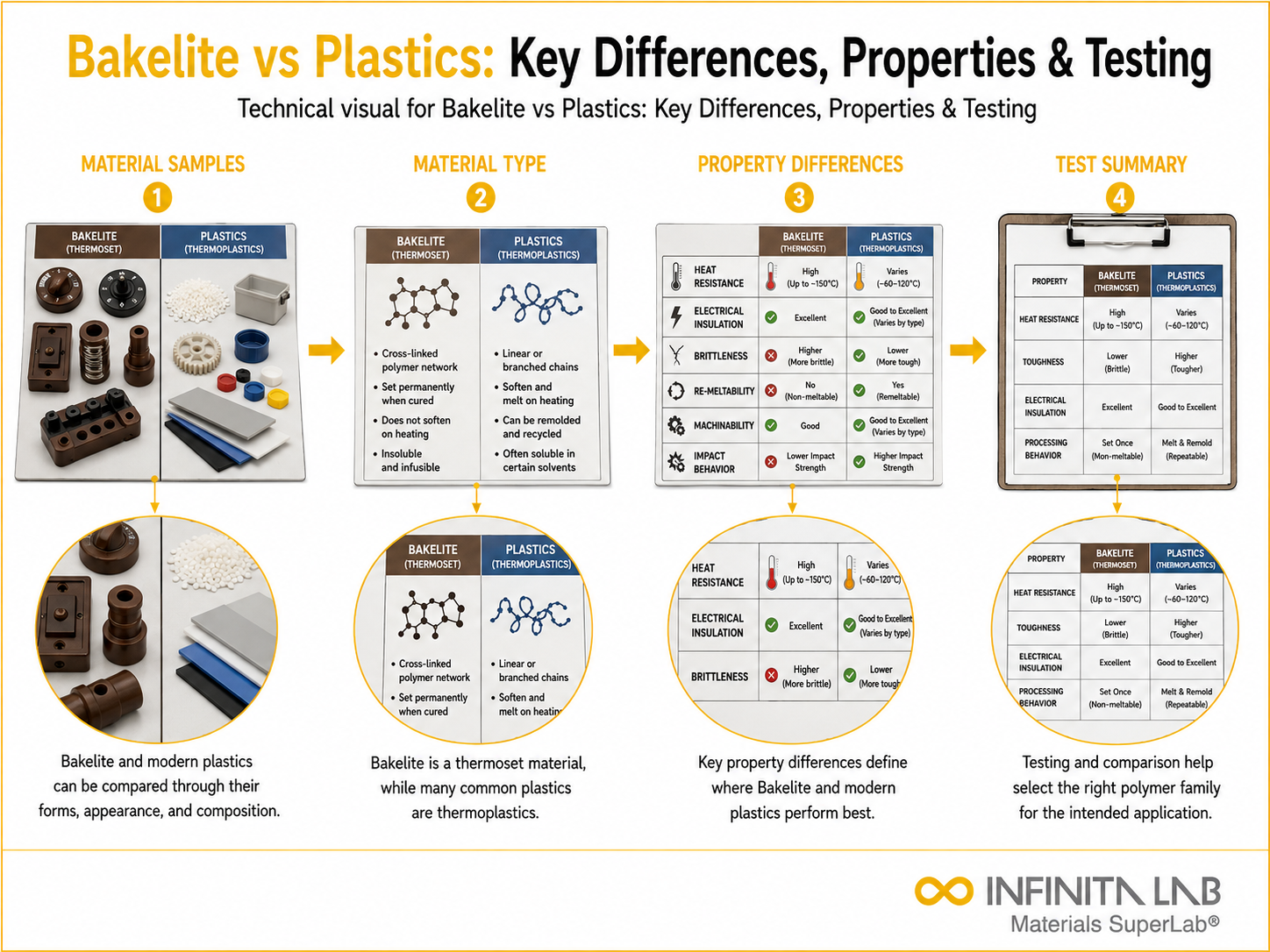 Infinita Engineering Visual showing Bakelite Vs Plastics polymer / plastics material properties workflow for bakelite vs plastics: key differences, properties & testing.