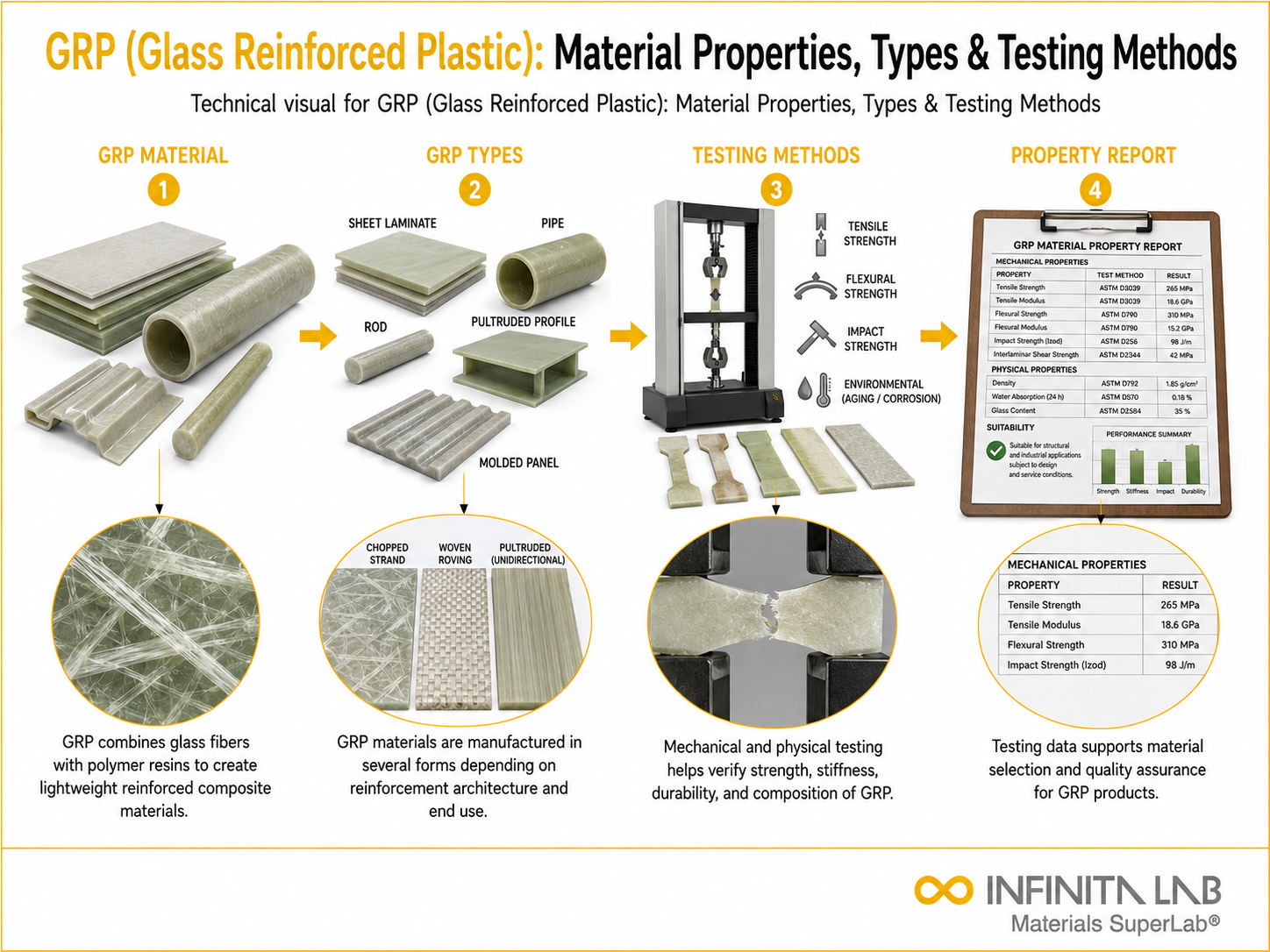 Infinita Engineering Visual showing Grp Glass Reinforced polymer / plastics material properties workflow for grp (glass reinforced plastic): material properties, types & testing methods.