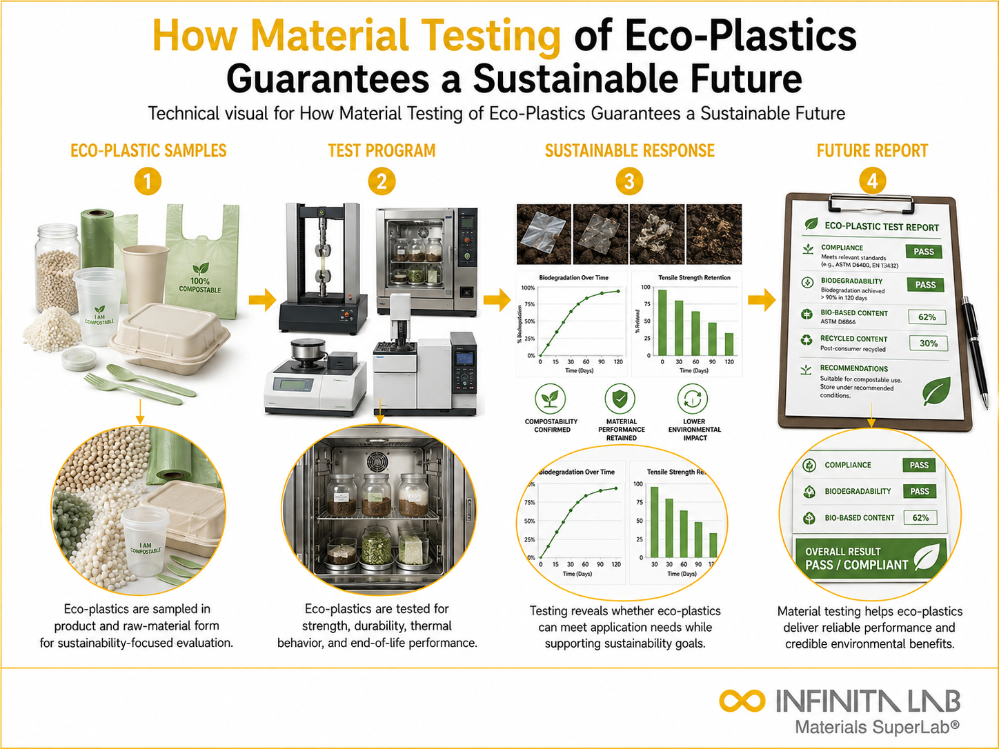 Infinita Engineering Visual showing How Material Testing polymer / plastics material properties workflow for how material testing of eco-plastics guarantees a sustainable future.