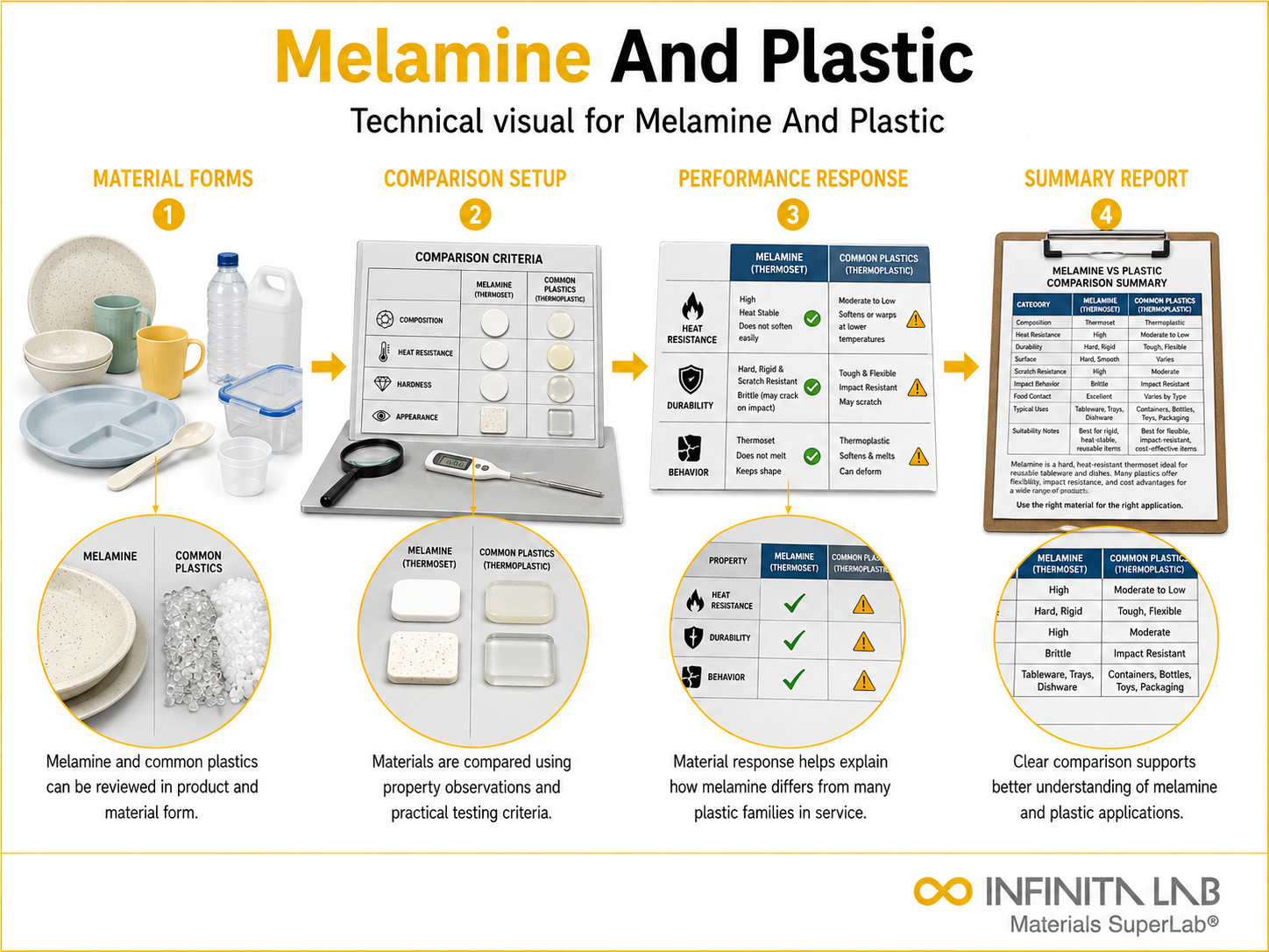 Infinita Engineering Visual showing Melamine And Plastic polymer / plastics material properties workflow for melamine and plastic.