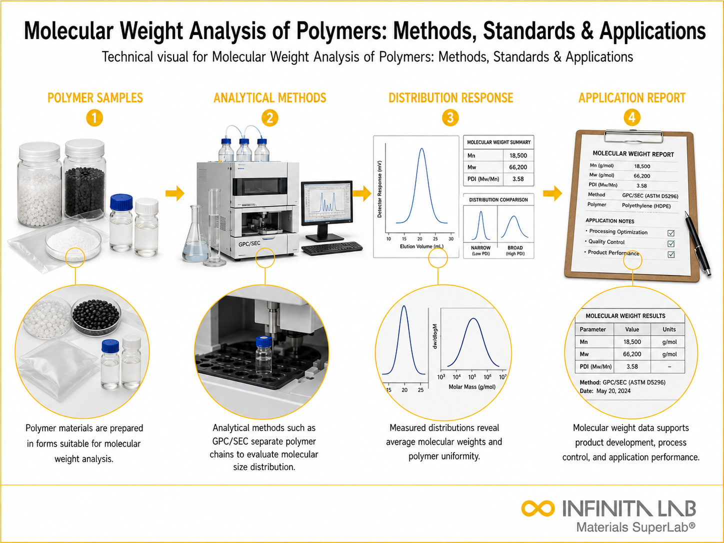 Infinita Engineering Visual showing Molecular Weight Analysis polymer / plastics material properties workflow for molecular weight analysis of polymers: methods, standards & applications.