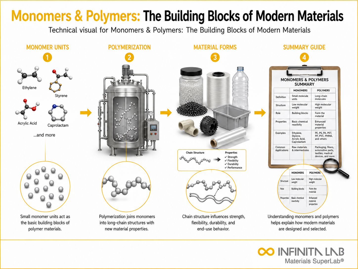 Infinita Engineering Visual showing Monomers Polymers The polymer / plastics material properties workflow for monomers & polymers: the building blocks of modern materials.