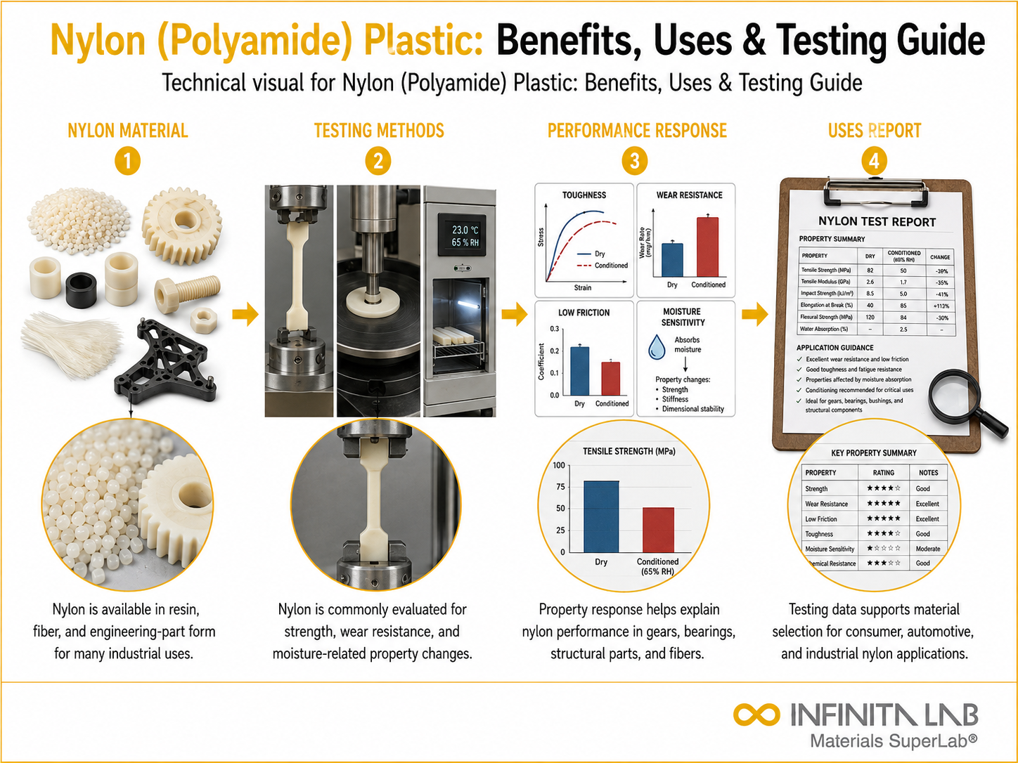 Infinita Engineering Visual showing Nylon Polyamide Plastic polymer / plastics material properties workflow for nylon (polyamide) plastic: benefits, uses & testing guide.
