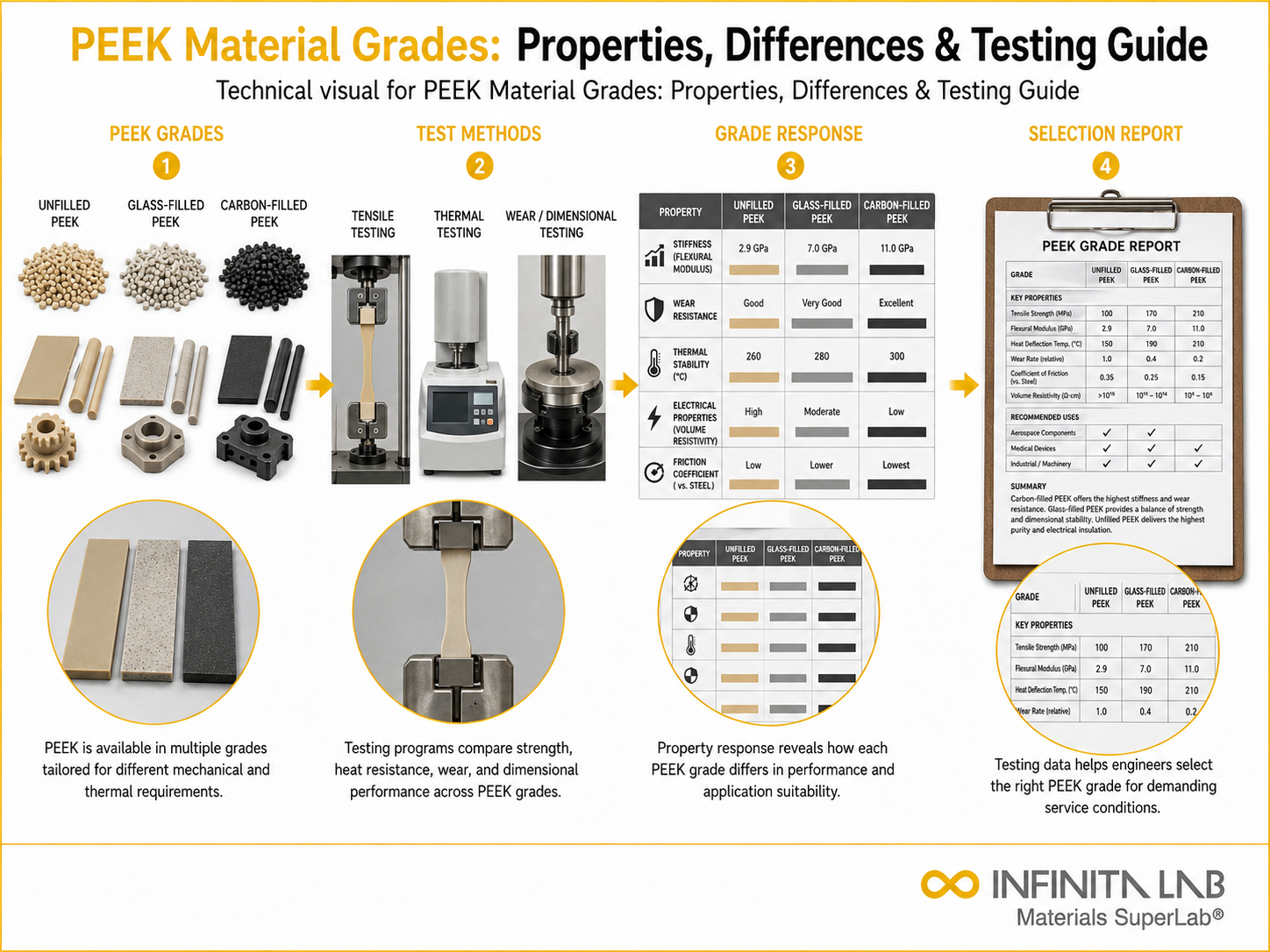 Infinita Engineering Visual showing Peek Material Grades named polymer / plastics workflow for peek material grades: properties, differences & testing guide.