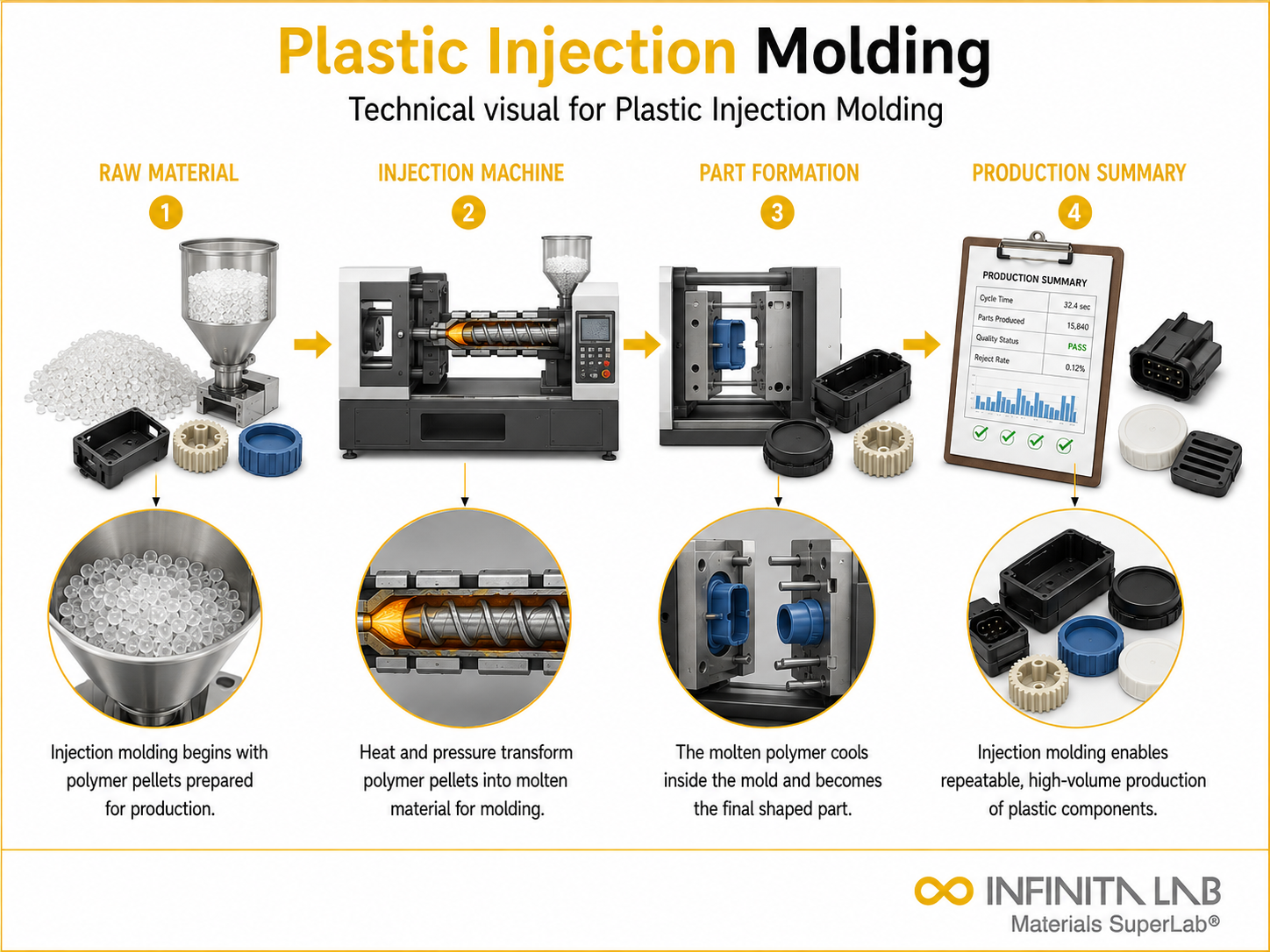 Infinita Engineering Visual showing Plastic Injection Molding polymer / plastics material properties workflow for plastic injection molding.