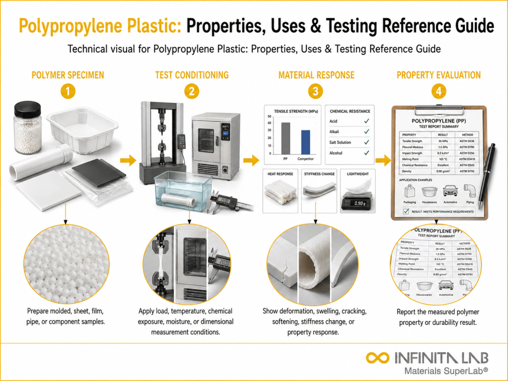 Infinita Engineering Visual showing Polypropylene Plastic Properties polymer / plastics material properties workflow for polypropylene plastic: properties, uses & testing reference guide.