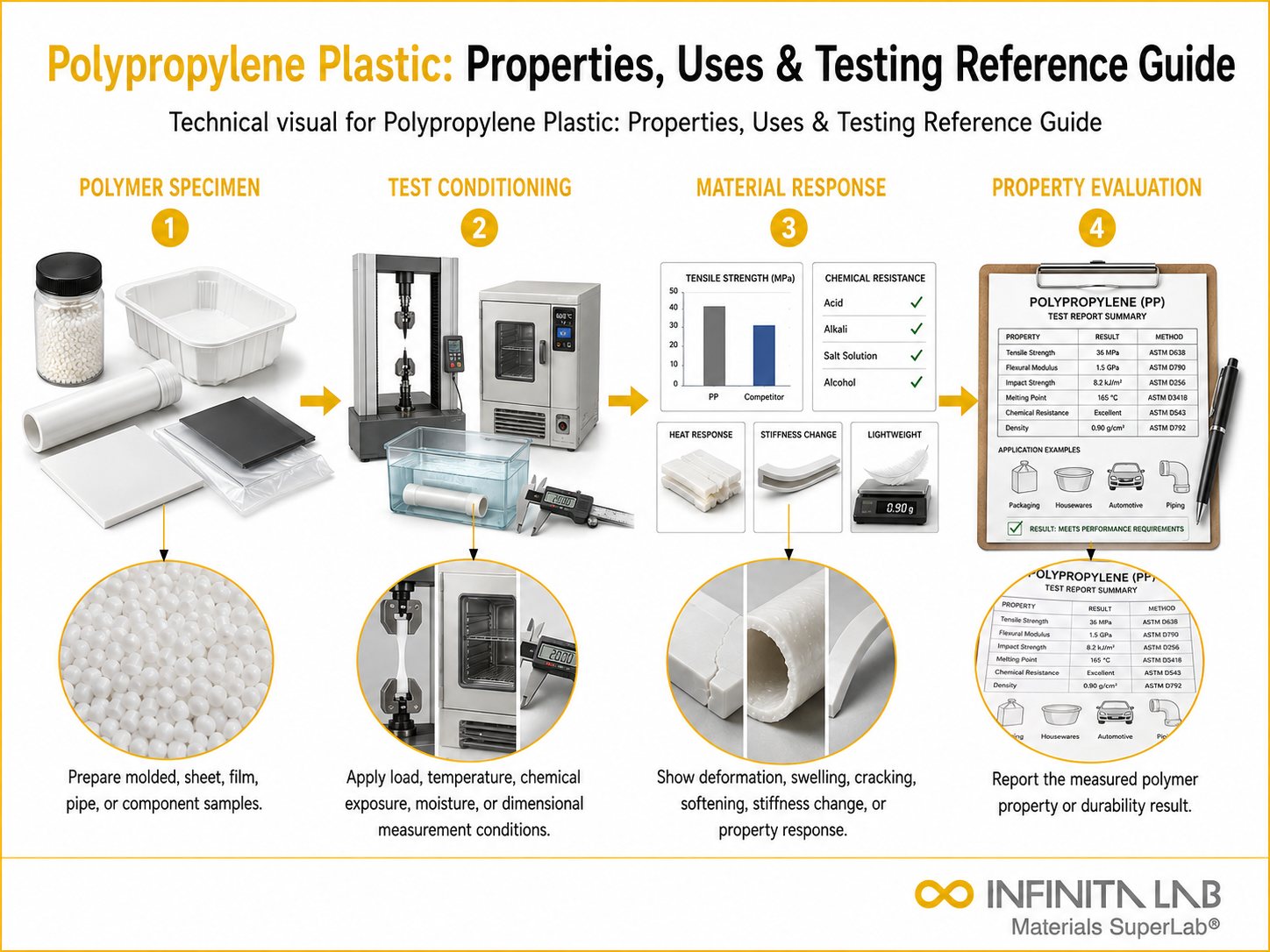 Infinita Engineering Visual showing Polypropylene Plastic Properties polymer / plastics material properties workflow for polypropylene plastic: properties, uses & testing reference guide.