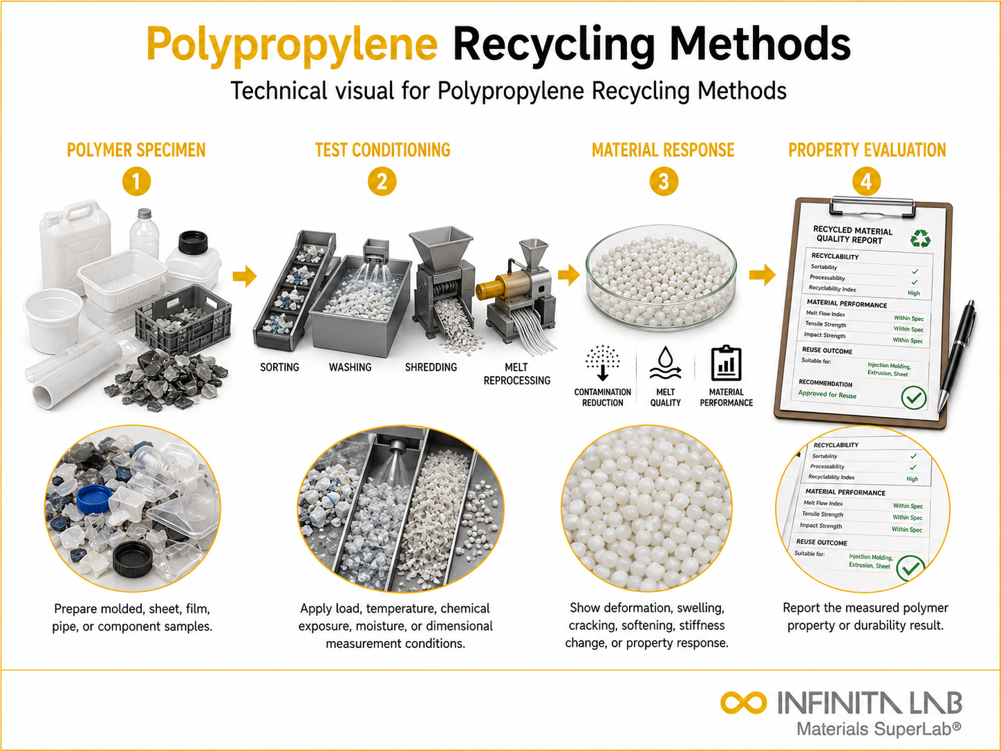 Infinita Engineering Visual showing Polypropylene Recycling Methods polymer / plastics material properties workflow for polypropylene recycling methods.
