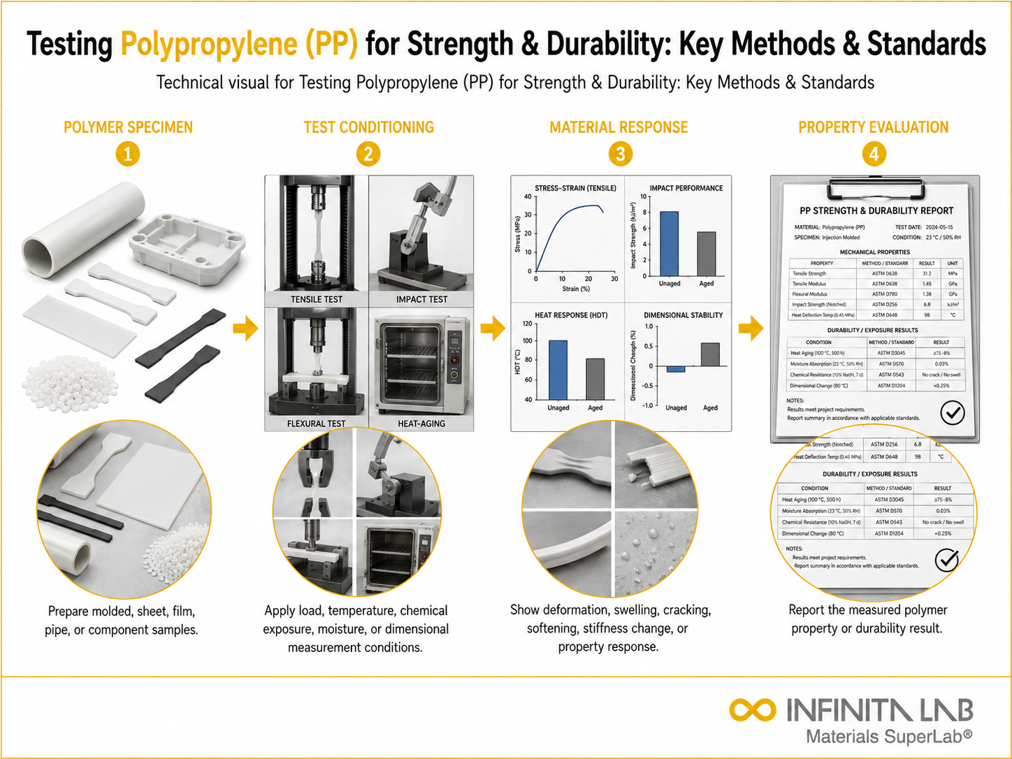 Infinita Engineering Visual showing Testing Polypropylene Pp polymer / plastics material properties workflow for testing polypropylene (pp) for strength & durability: key methods & standards.