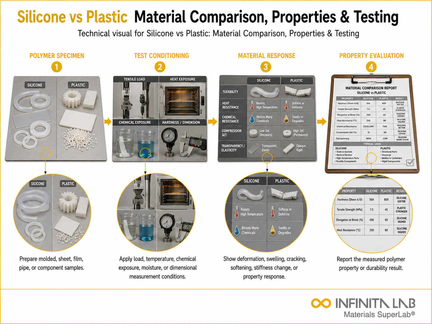 Infinita Engineering Visual showing Silicone Vs Plastic polymer / plastics material properties workflow for silicone vs plastic: material comparison, properties & testing.