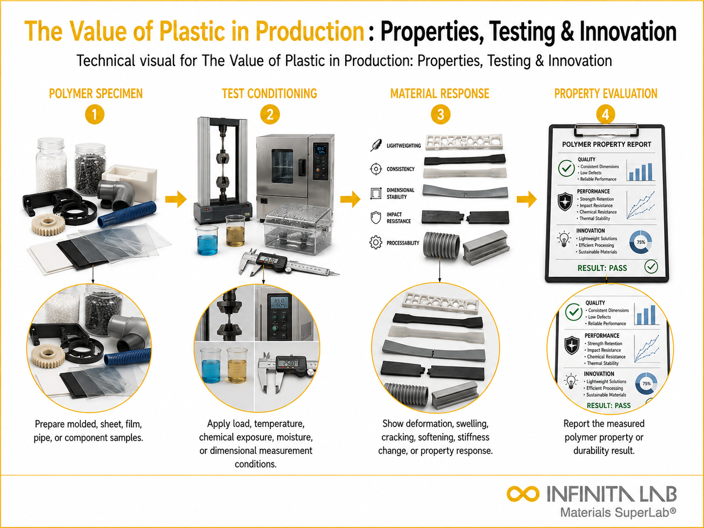 Infinita Engineering Visual showing The Value Of polymer / plastics material properties workflow for the value of plastic in production: properties, testing & innovation.