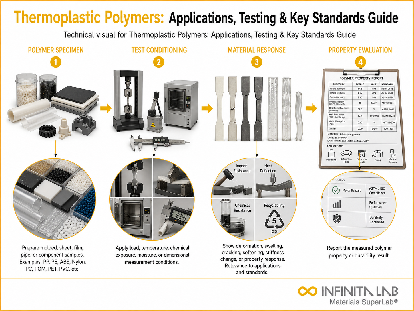 Infinita Engineering Visual showing Thermoplastic Polymers Applications polymer / plastics material properties workflow for thermoplastic polymers: applications, testing & key standards guide.