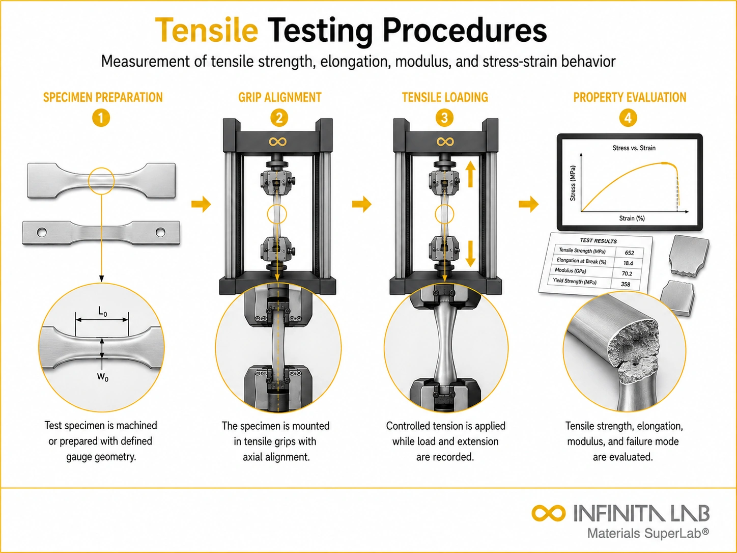 Tensile testing visual for Tensile Testing Procedures, showing specimen preparation, grip alignment, axial loading, and stress-strain evaluation.