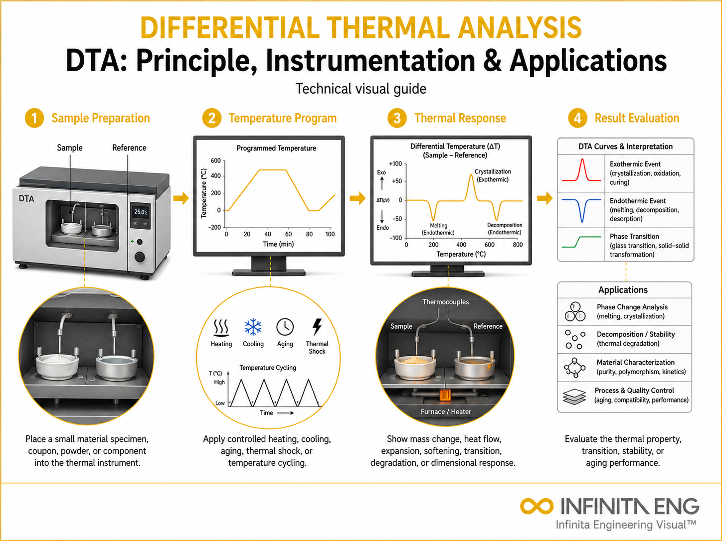 Infinita Engineering Visual showing Differential Thermal Analysis thermal analysis / heat testing workflow for differential thermal analysis (dta): principle, instrumentation & applications.