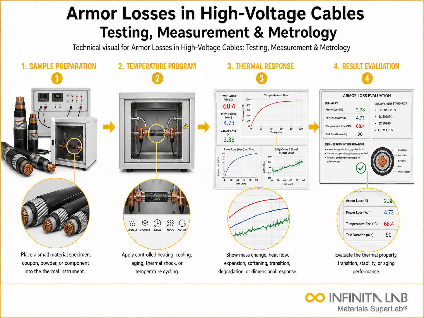 Infinita Engineering Visual showing Armor Losses In thermal analysis / heat testing workflow for armor losses in high-voltage cables: testing, measurement & metrology.