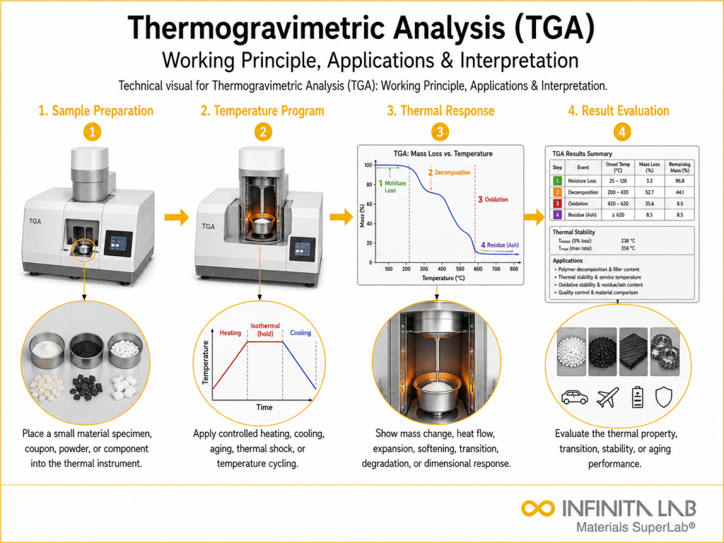 Infinita Engineering Visual showing Thermogravimetric Analysis Tga tga / mass loss workflow for thermogravimetric analysis (tga): working principle, applications & interpretation.