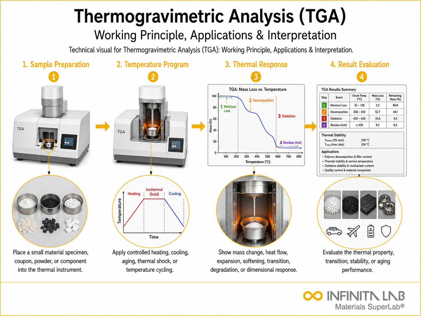 Infinita Engineering Visual showing Thermogravimetric Analysis Tga tga / mass loss workflow for thermogravimetric analysis (tga): working principle, applications & interpretation.