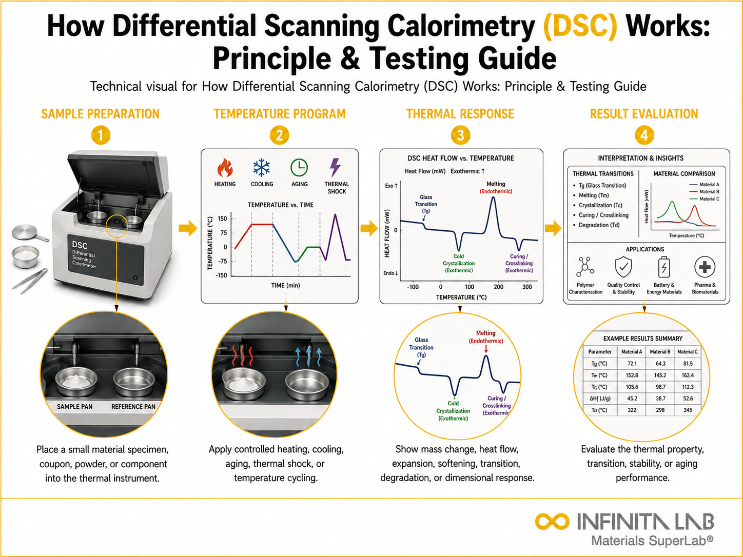 Infinita Engineering Visual showing How Differential Scanning dsc / thermal transitions workflow for how differential scanning calorimetry (dsc) works: principle & testing guide.