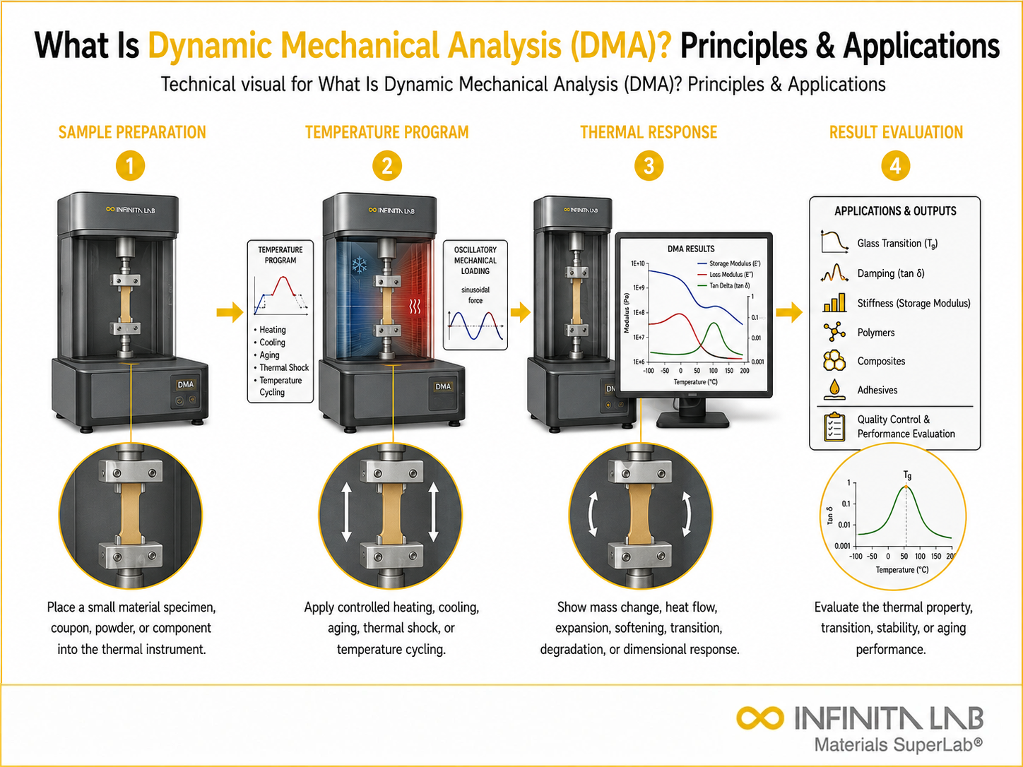 Infinita Engineering Visual showing What Is Dynamic dma / viscoelastic workflow for what is dynamic mechanical analysis (dma)? principles & applications.