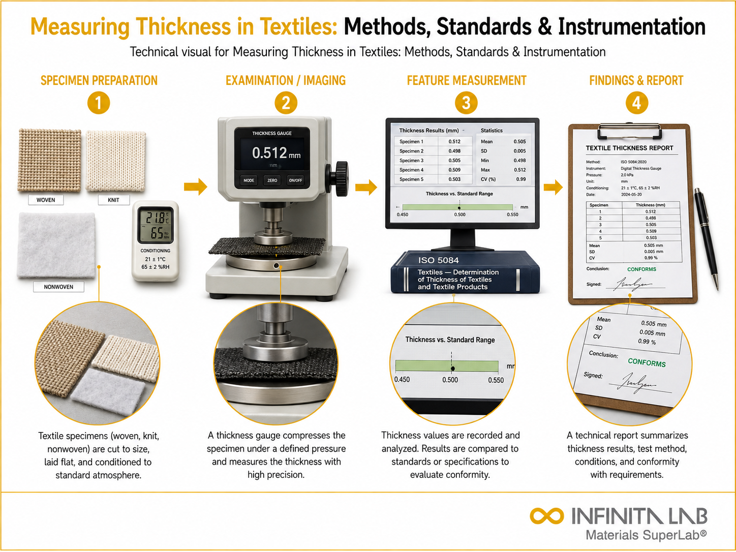 Infinita Engineering Visual showing Measuring Thickness in Textiles: Methods, Standards & Instrumentation microscopy / surface / material characterization workflow.