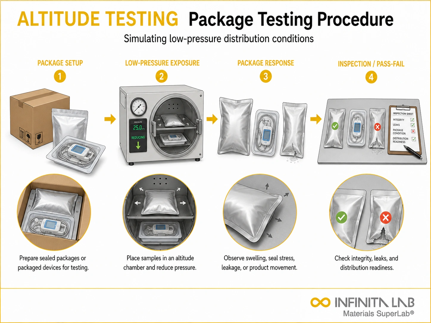 Infinita Engineering Visual showing Altitude Package Testing altitude / low pressure workflow for altitude package testing: simulating low-pressure distribution conditions.