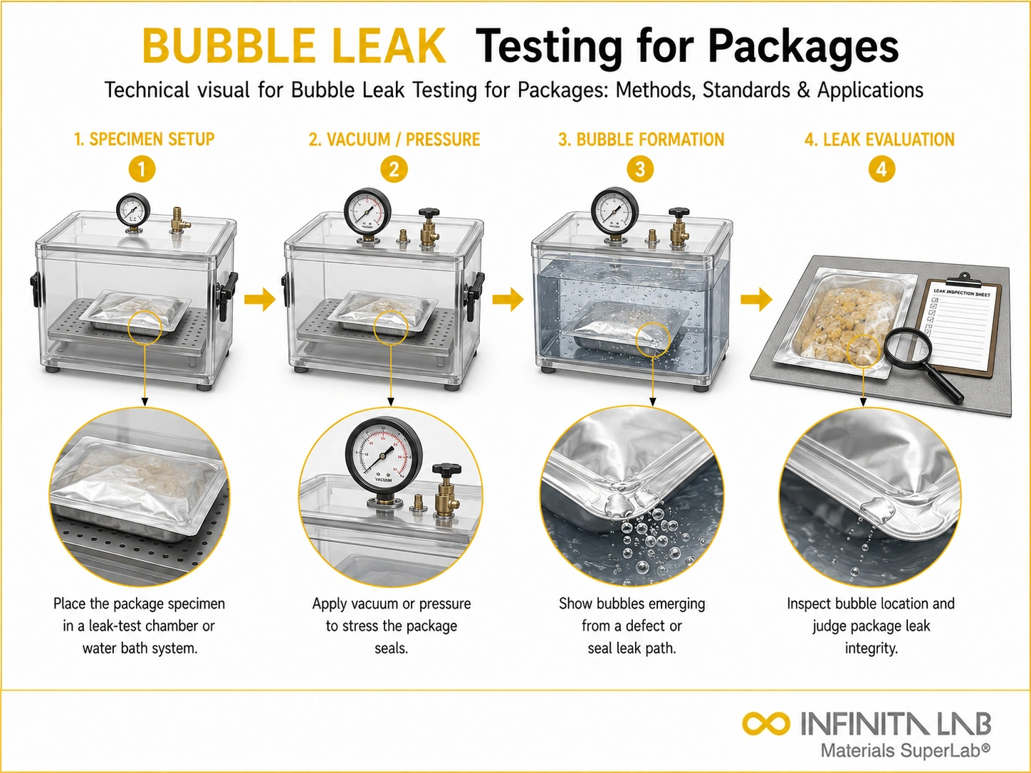 Infinita Engineering Visual showing Bubble Leak Testing leak / seal integrity workflow for bubble leak testing for packages: methods, standards & applications.
