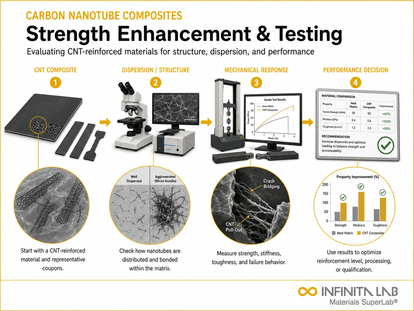 Infinita Engineering Visual showing Carbon Nanotube Reinforced general testing / industry guide workflow for carbon nanotube reinforced composites: enhancing strength & testing.