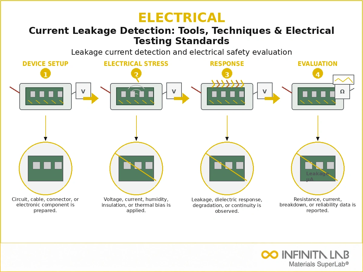 Infinita Engineering Visual showing Current Leakage Detection electrical / electronics reliability workflow for current leakage detection: tools, techniques & electrical testing standards.