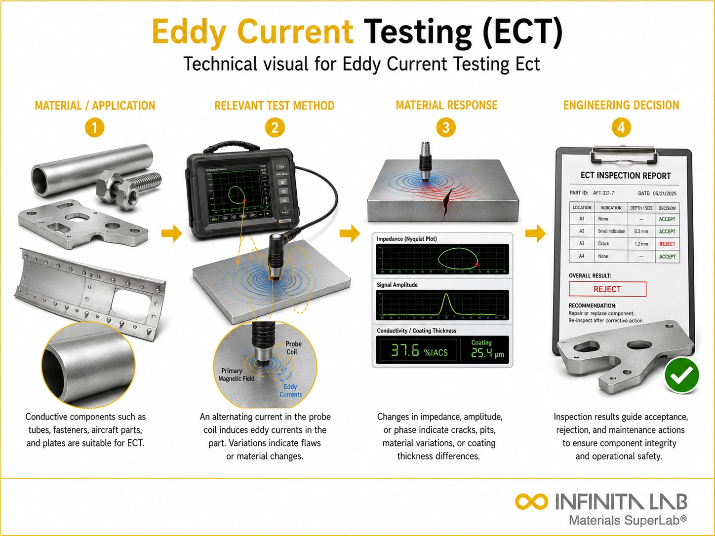 Infinita Engineering Visual showing Eddy Current Testing general technical visual / needs light review workflow for eddy current testing ect.