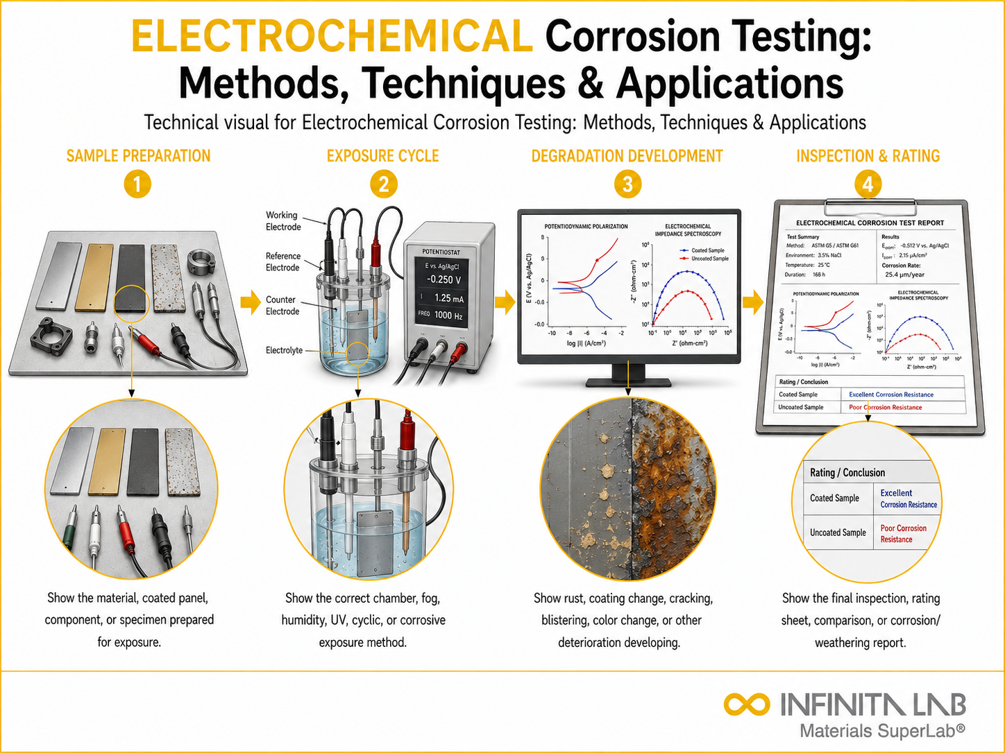 Infinita Engineering Visual showing Electrochemical Corrosion Testing: Methods, Techniques & Applications corrosion / weathering / durability workflow.