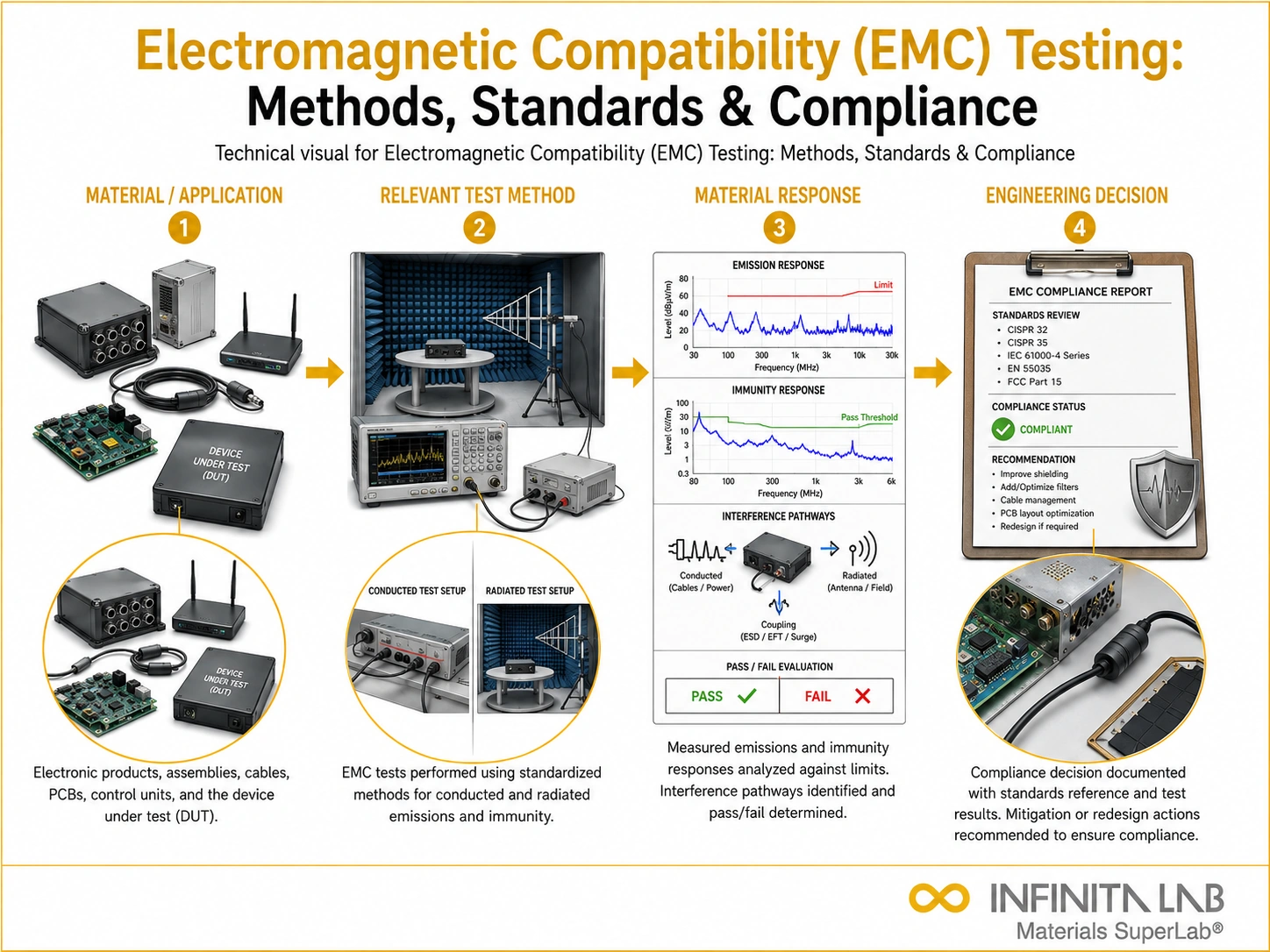Infinita Engineering Visual showing Electromagnetic Compatibility Emc general testing / industry guide workflow for electromagnetic compatibility (emc) testing: methods, standards & compliance.