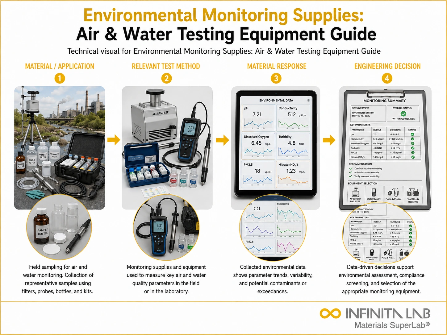 Infinita Engineering Visual showing Environmental Monitoring Supplies general testing / industry guide workflow for environmental monitoring supplies: air & water testing equipment guide.