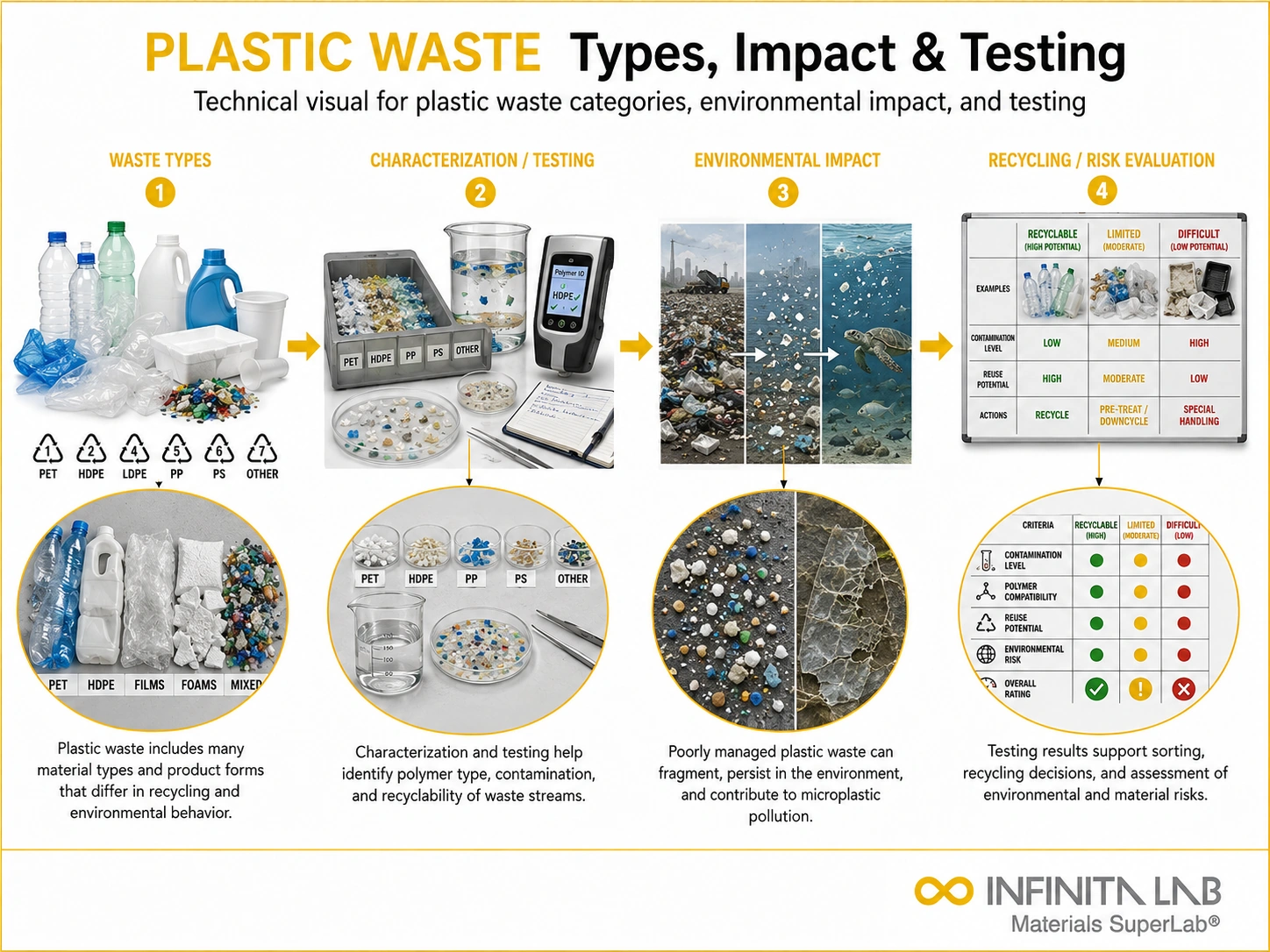 Infinita Engineering Visual showing Everything You Need impact testing workflow for everything you need to know about plastic waste: types, impact & testing.