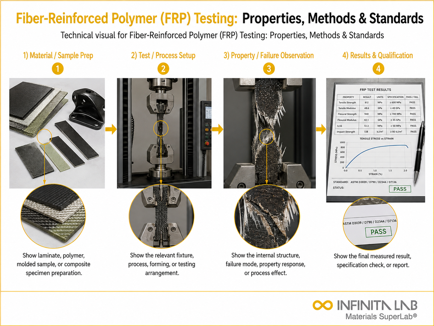 Infinita Engineering Visual showing Fiber-Reinforced Polymer (FRP) Testing: Properties, Methods & Standards composites / plastics / polymers workflow.