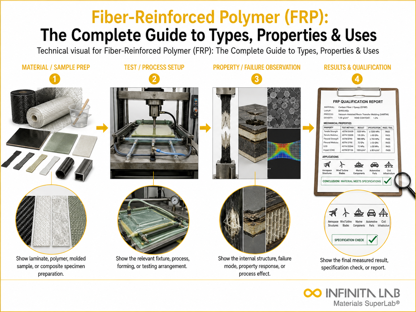 Infinita Engineering Visual showing Fiber-Reinforced Polymer (FRP): The Complete Guide to Types, Properties & Uses composites / plastics / polymers workflow.