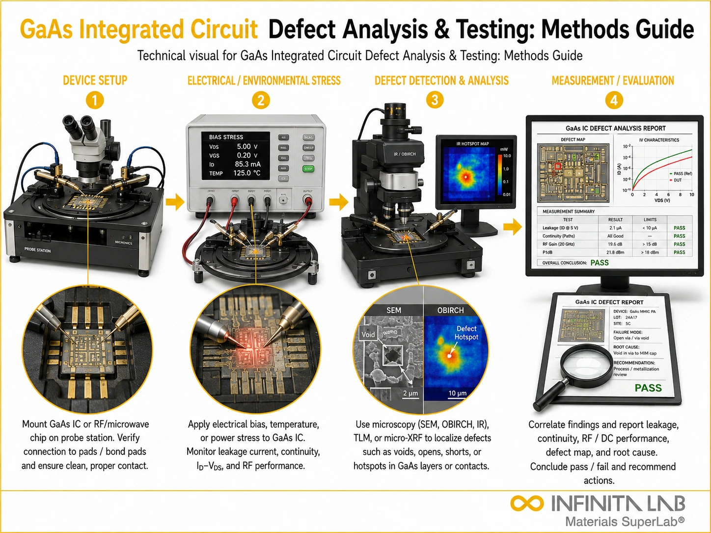 Infinita Engineering Visual showing Gaas Integrated Circuit electrical / electronics reliability workflow for gaas integrated circuit defect analysis & testing: methods guide.