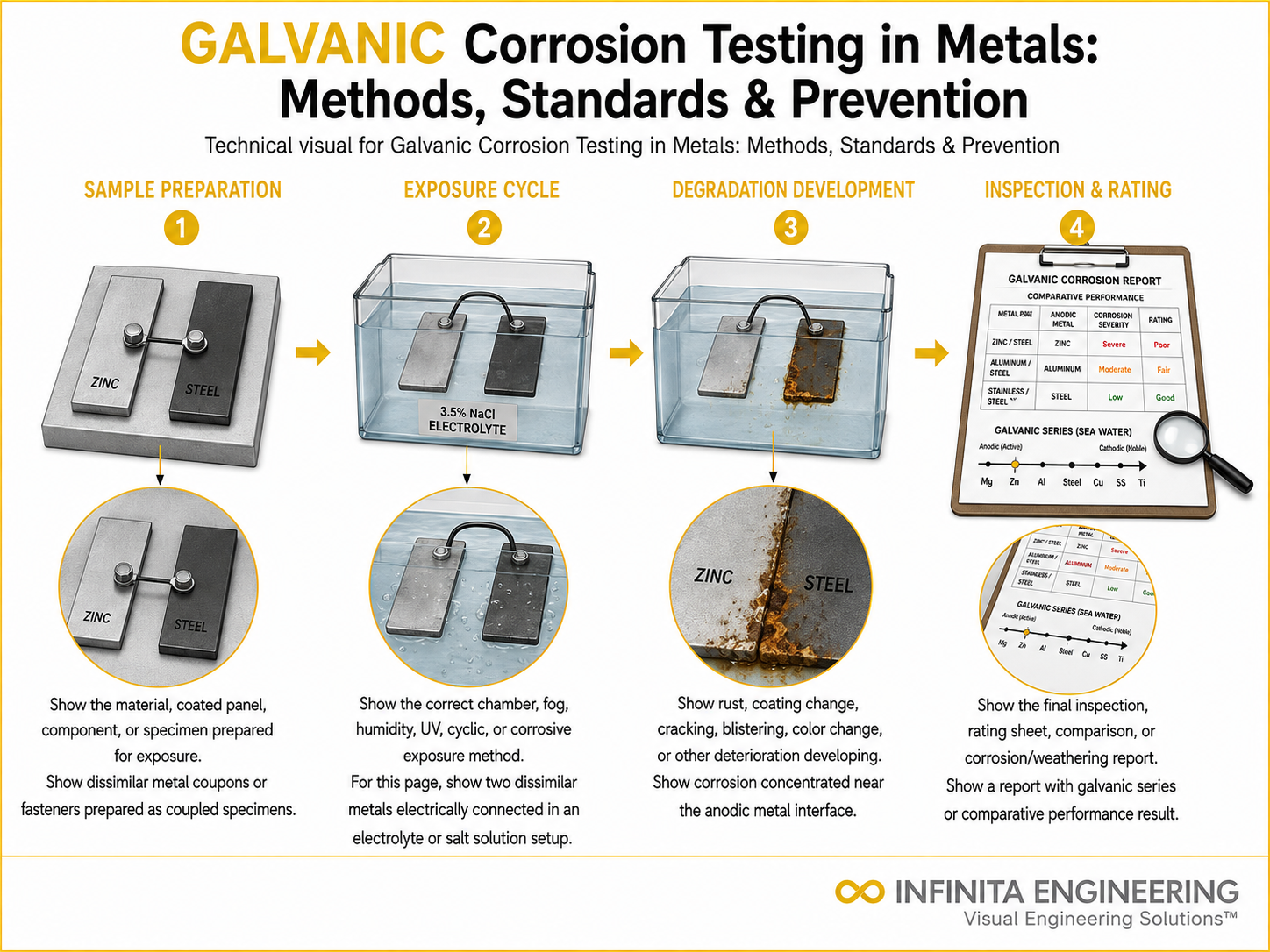 Infinita Engineering Visual showing Galvanic Corrosion Testing in Metals: Methods, Standards & Prevention corrosion / weathering / durability workflow.
