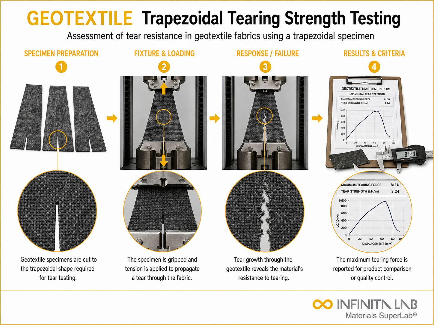 Infinita Engineering Visual showing Trapezoidal Tearing Strength Testing for Geotextiles mechanical / structural testing workflow.