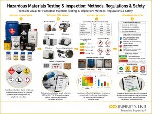 Infinita Engineering Visual showing Hazardous Materials Testing general testing / industry guide workflow for hazardous materials testing & inspection: methods, regulations & safety.