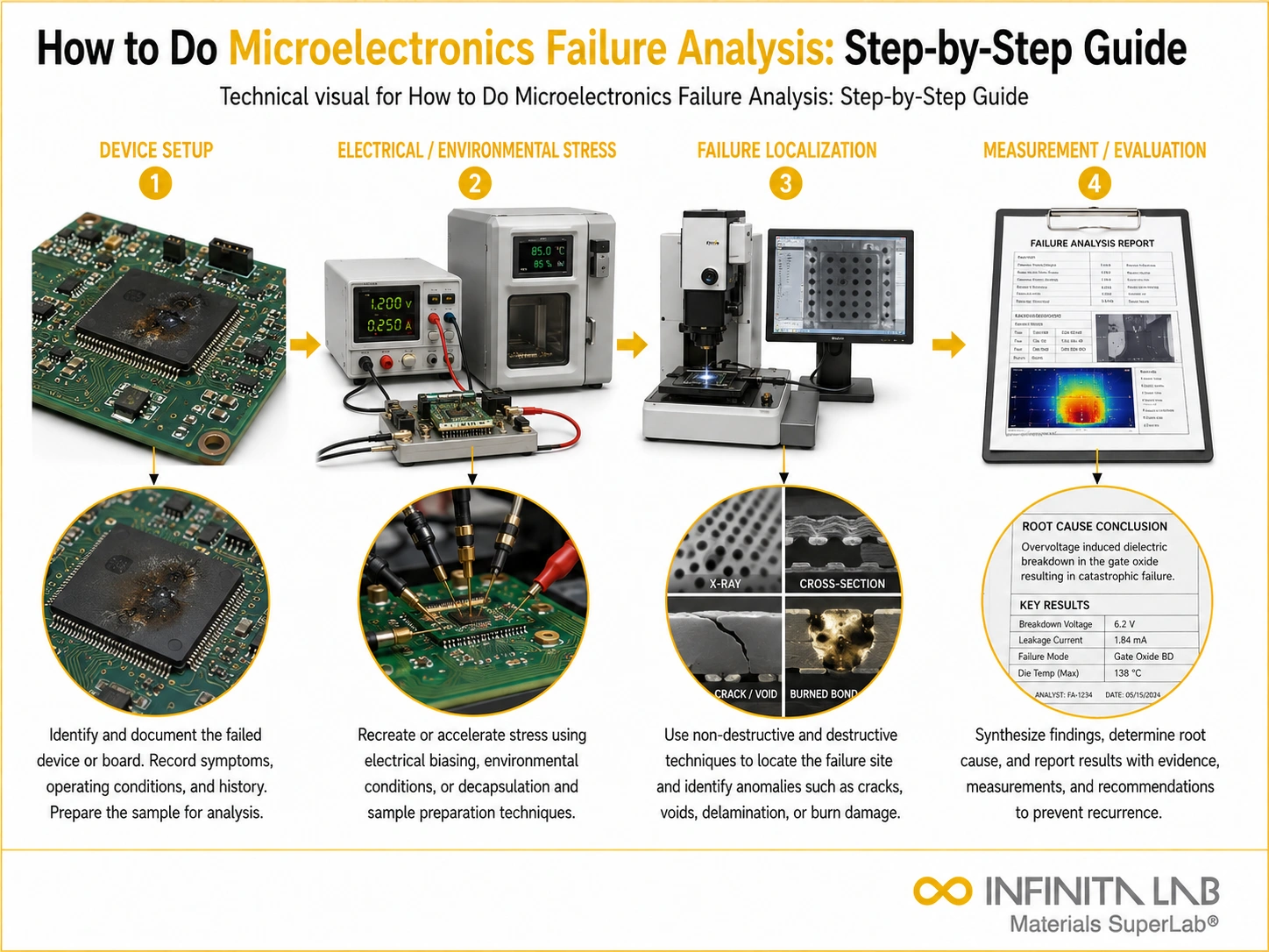 Infinita Engineering Visual showing How To Do electronics reliability / thb workflow for how to do microelectronics failure analysis: step-by-step guide.