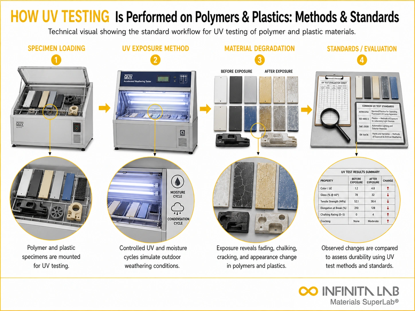 Infinita Engineering Visual showing How Uv Testing uv / weathering exposure workflow for how uv testing is performed on polymers & plastics: methods & standards.